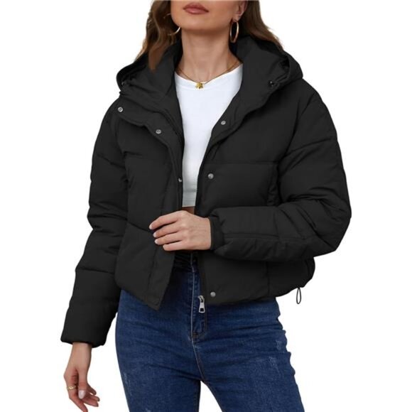 Womens Cropped Puffer Jacket Hooded Zip Up Black - Picture 1 of 6